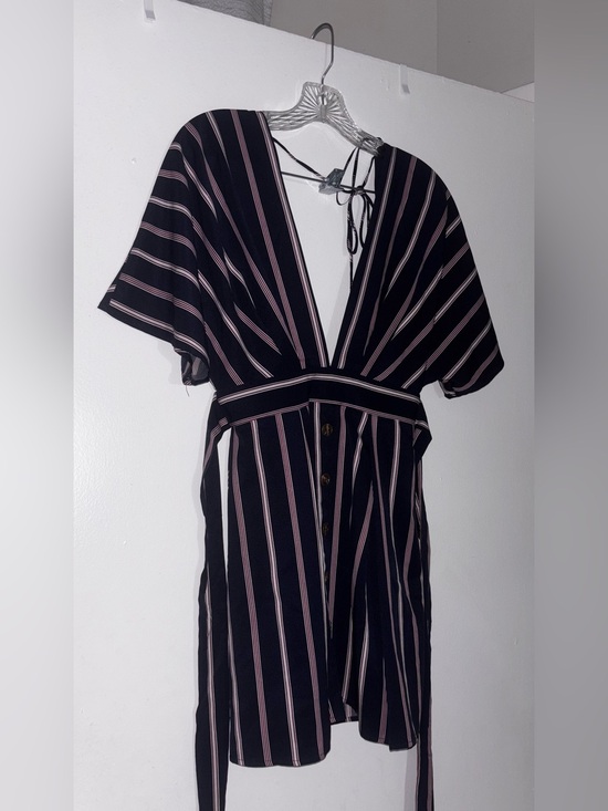 Pants - Striped Deep V Button-Front romper